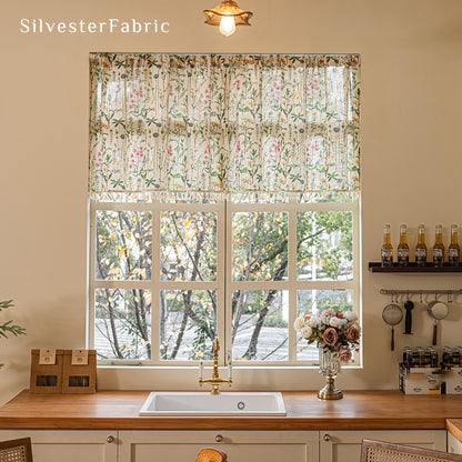 farmhouse floral cafe curtain hanging in window
