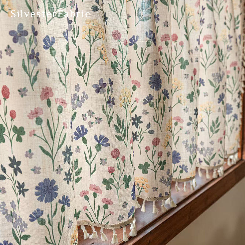 tassel trim on farmhouse floral cafe curtain panel
