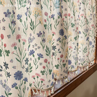 tassel trim on farmhouse floral cafe curtain panel
