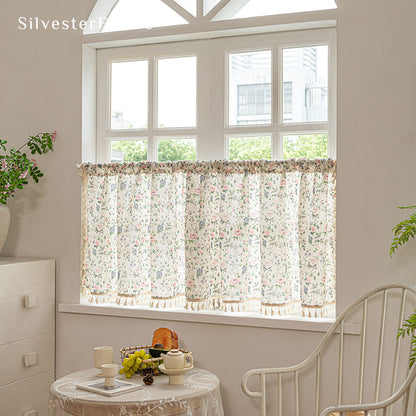 farmhouse floral cafe curtain hanging in window