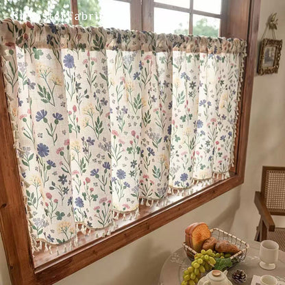 farmhouse floral cafe curtain hanging in window
