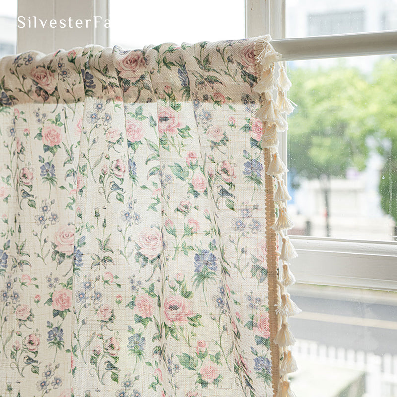 tassel trim on farmhouse floral cafe curtain panel