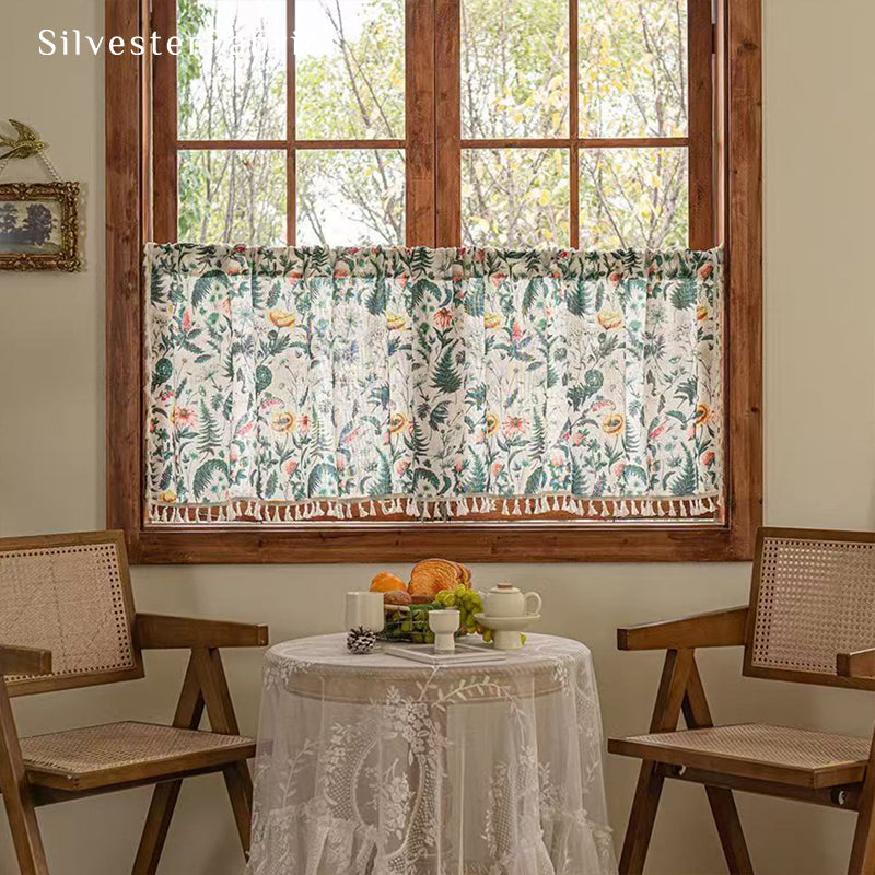 beige farmhouse cafe curtain hanging in window