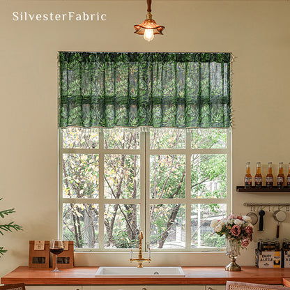 green farmhouse cafe curtain hanging in window