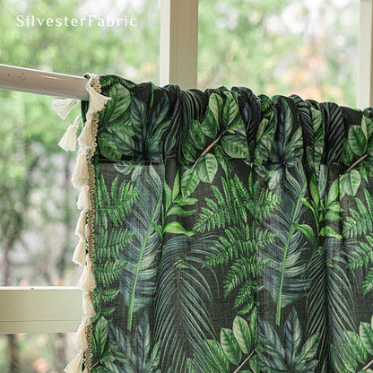 green farmhouse cafe curtain fabric close-up