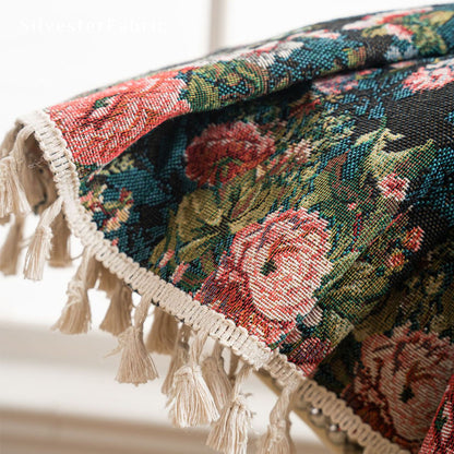 black farmhouse floral curtain fabric close-up