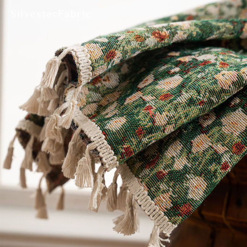 tassel trim on green farmhouse floral curtain panel