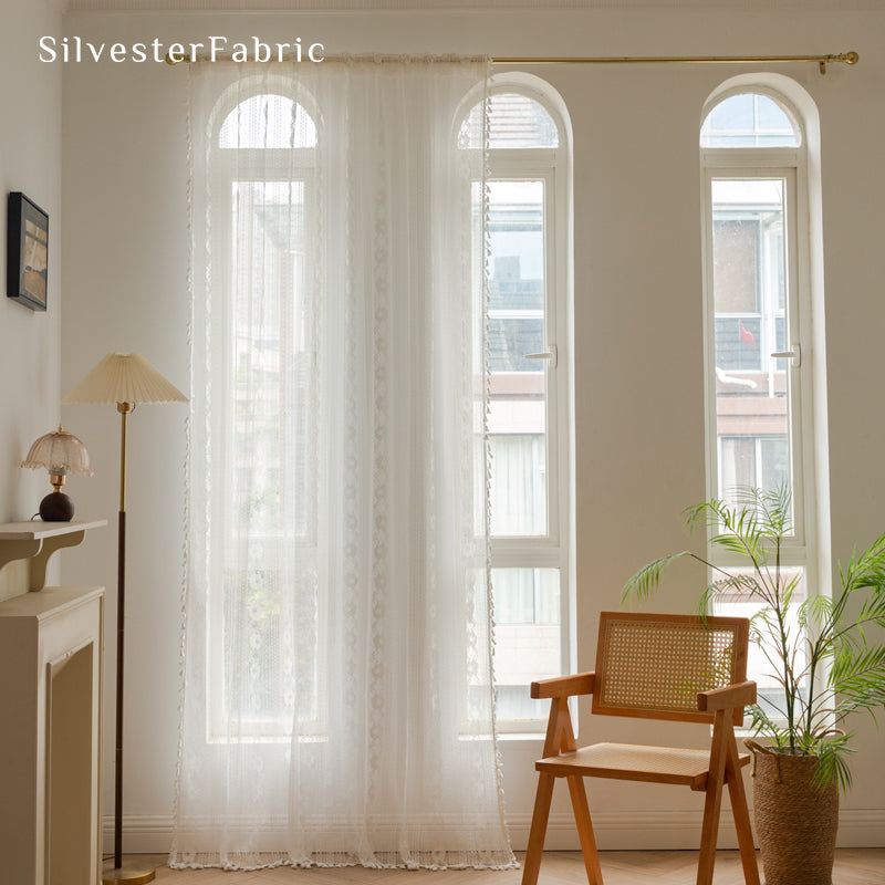 Close‑up of White French Sheer Lace Curtain corner