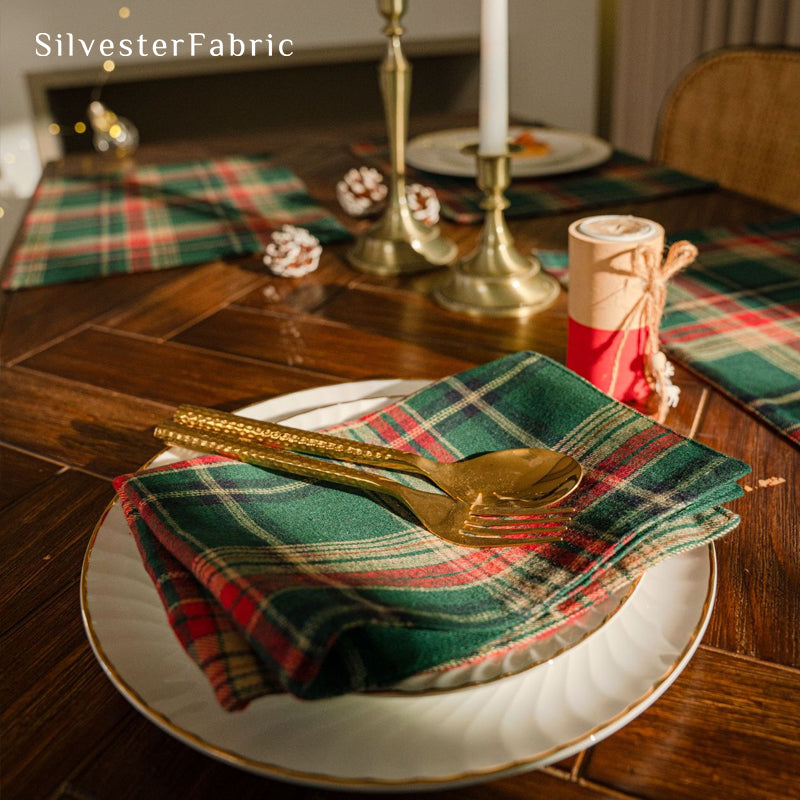 green Christmas plaid placemats fabric close-up