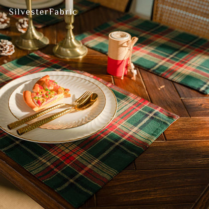 green Christmas plaid placemats edge stitching detail