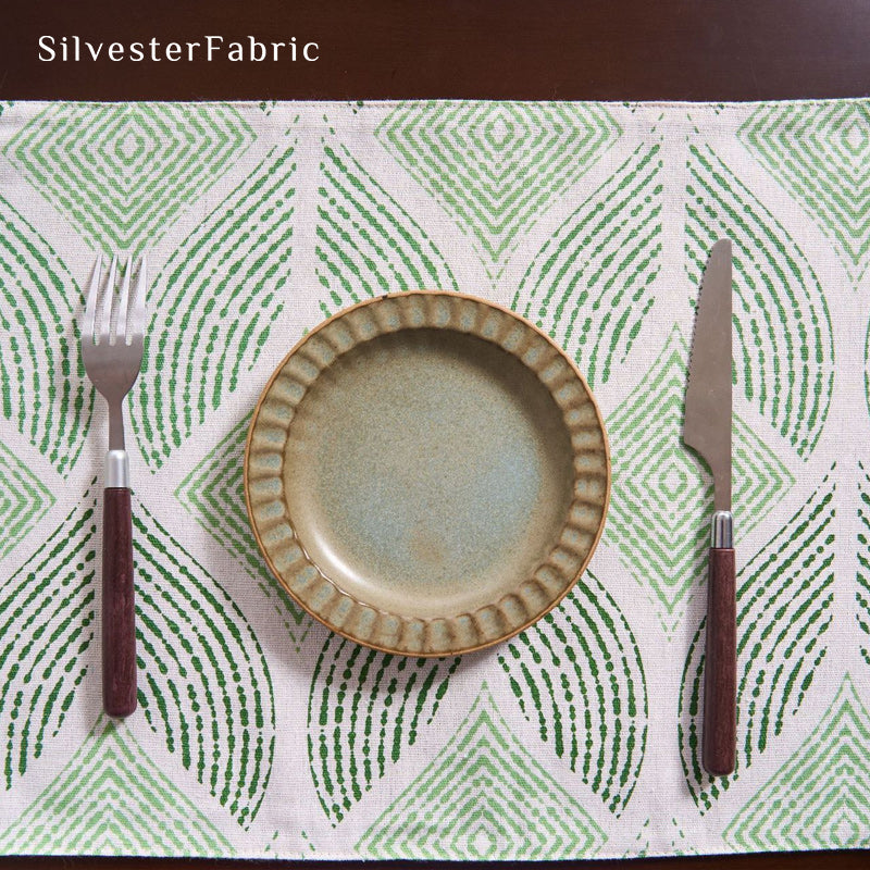 green textured farmhouse placemats edge stitching detail