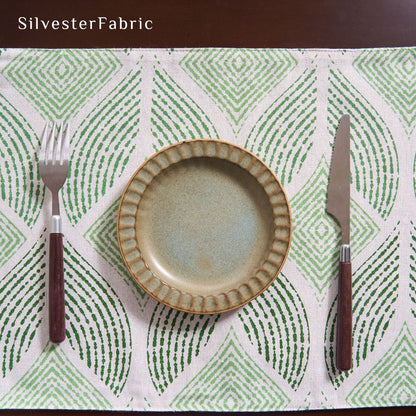 green textured farmhouse placemats edge stitching detail