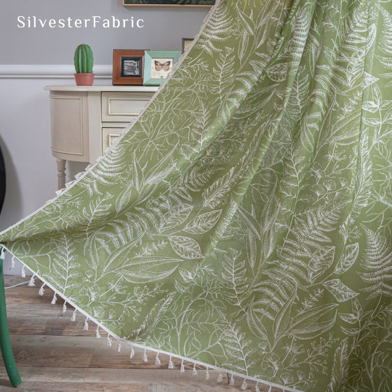 Close‑up of Green Botanical Farmhouse Curtain corner