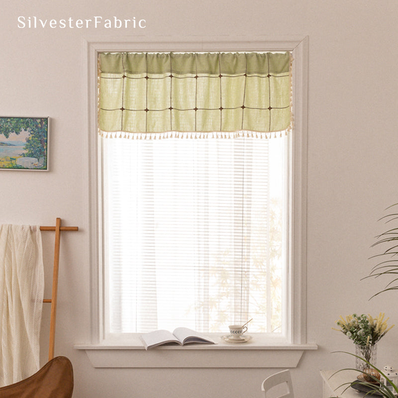 Close‑up of Green Plaid Farmhouse Cafe Curtain corner