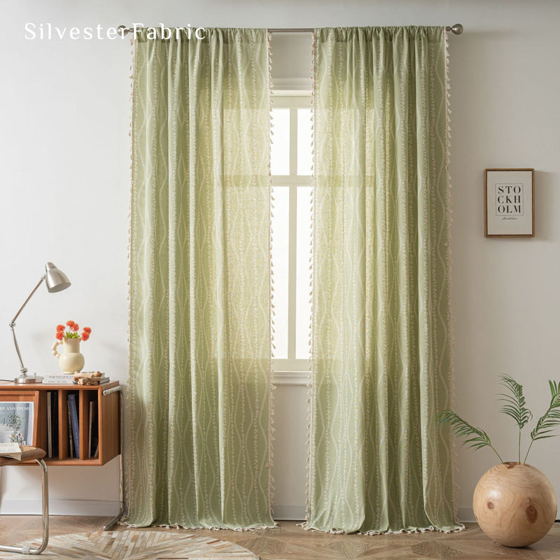 Close‑up of Green Floral Stripe Curtain