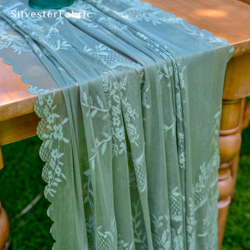 green lace table runner edge stitching detail