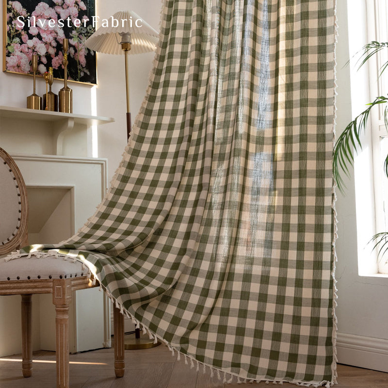 Close‑up of Green Plaid Curtain corner