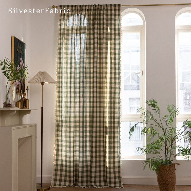 Close‑up of Green Plaid Farmhouse Curtain corner
