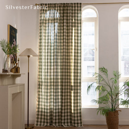 Close‑up of Green Plaid Farmhouse Curtain corner