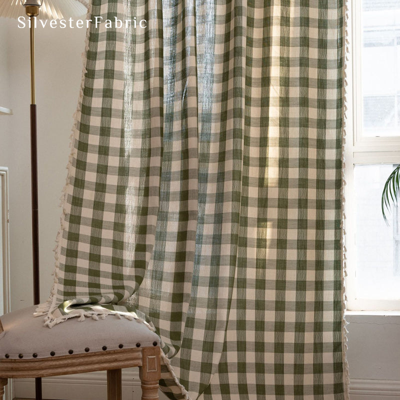 Close‑up of Green Plaid Farmhouse Curtain