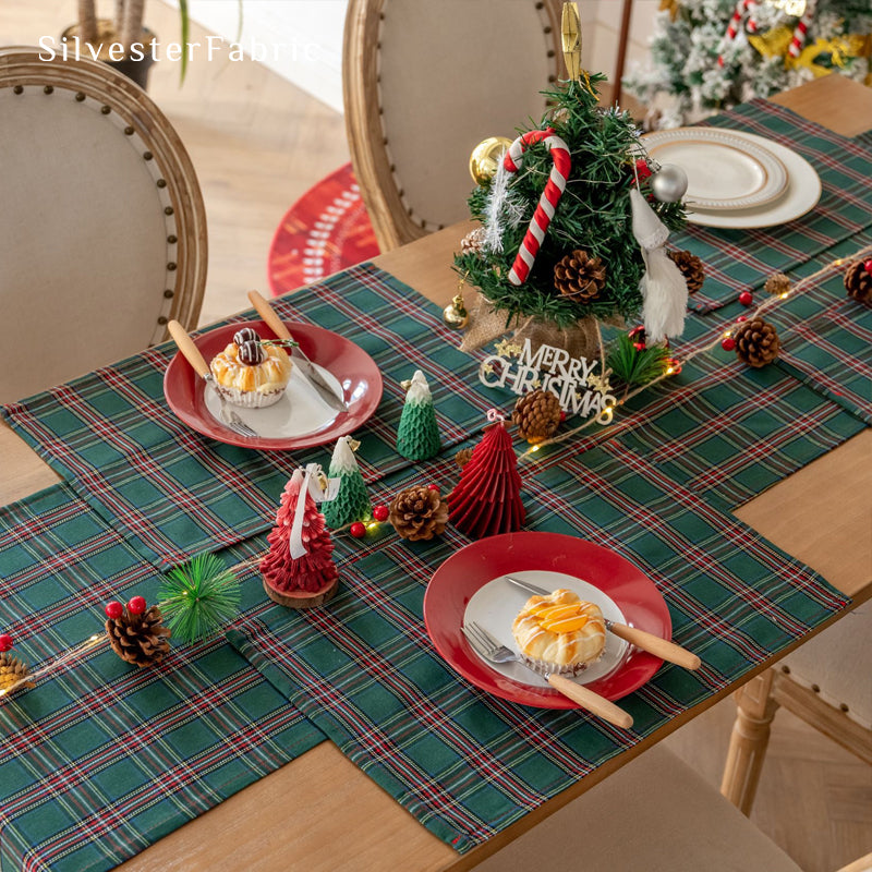 green plaid table runner edge stitching detail