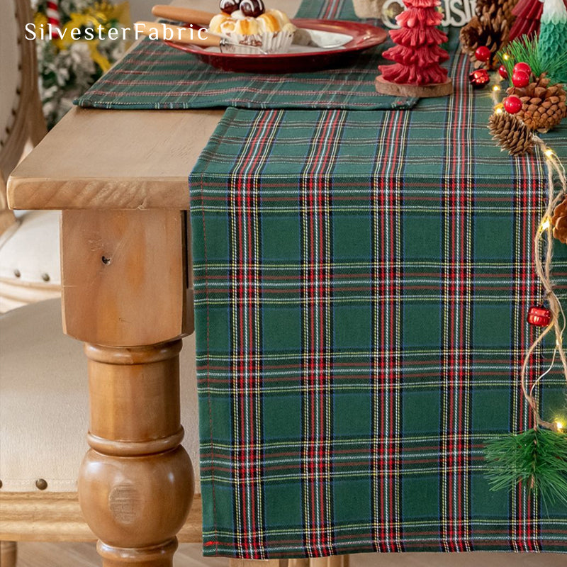 green plaid table runner texture and weave detail