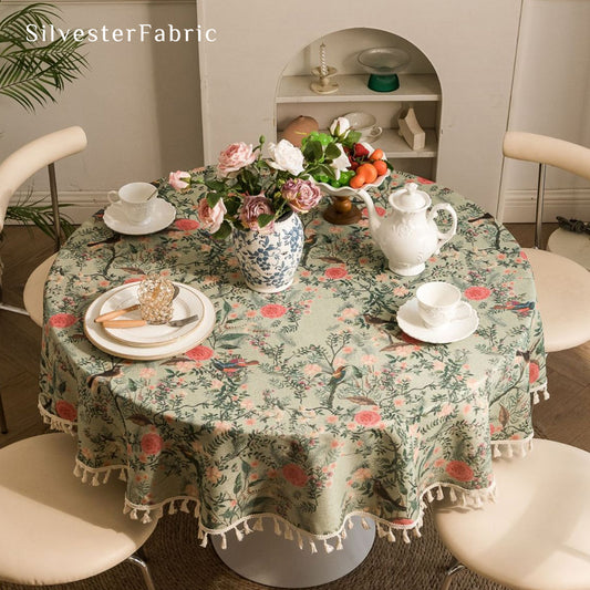 green round  farmhouse  floral tablecloth laid flat on dining table