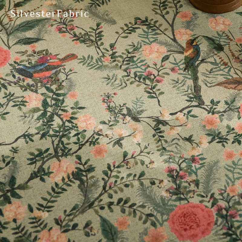green round  farmhouse  floral tablecloth fabric close-up