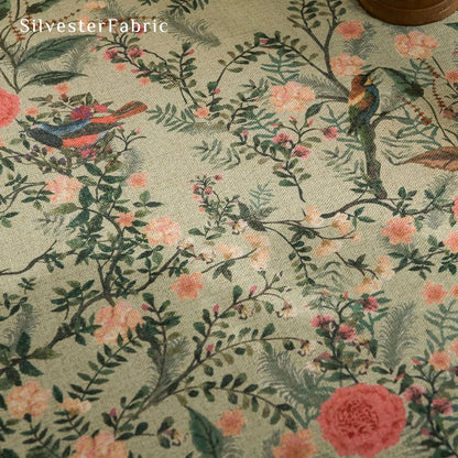 green round  farmhouse  floral tablecloth fabric close-up