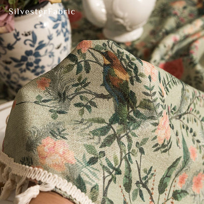 green round  farmhouse  floral tablecloth edge stitching detail