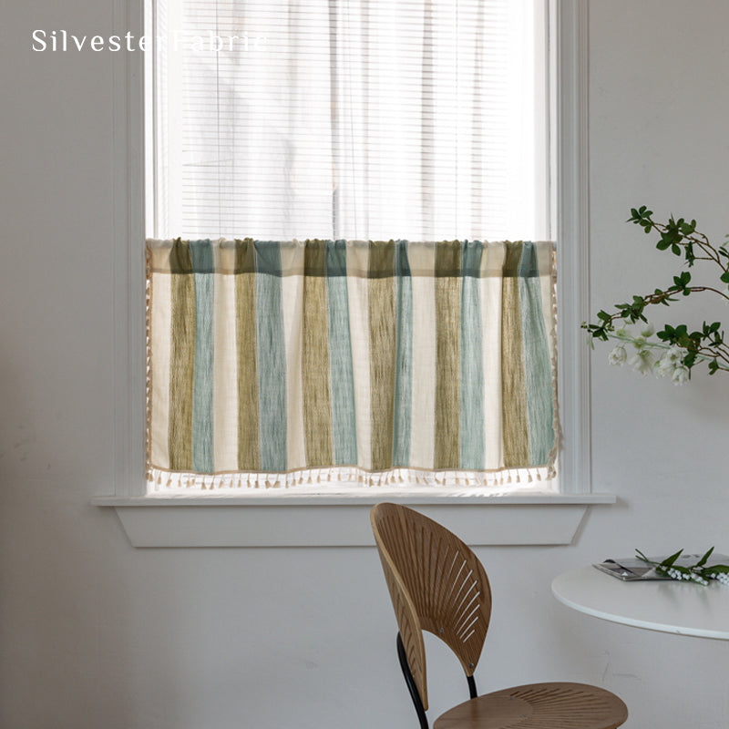 Close‑up of Green Striped Block Cafe Curtain corner