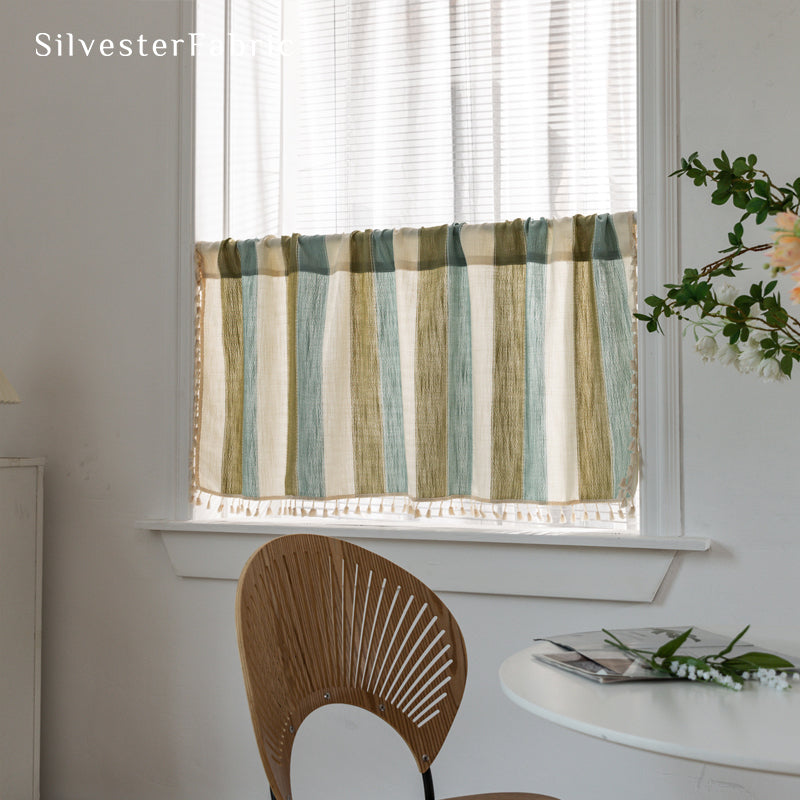 Close‑up of Green Striped Block Cafe Curtain