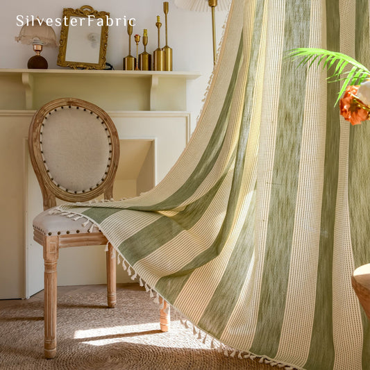 green striped embroidered curtain panel