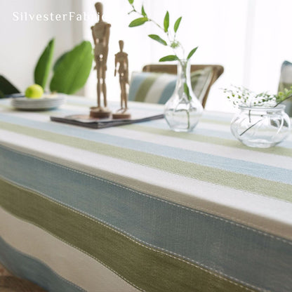 green striped farmhouse tablecloth edge stitching detail