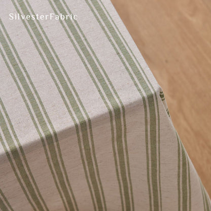 green striped farmhouse tablecloth fabric close-up
