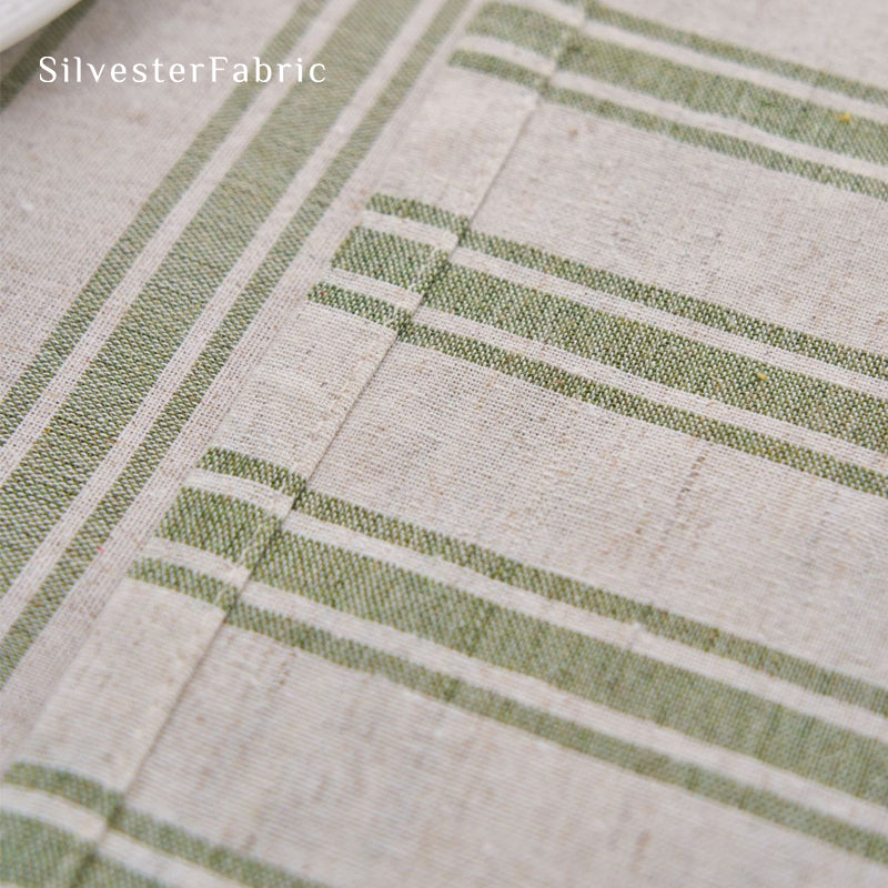 green striped farmhouse tablecloth edge stitching detail