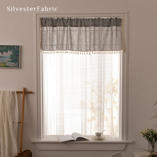 Close‑up of Grey Plaid Farmhouse Cafe Curtain corner
