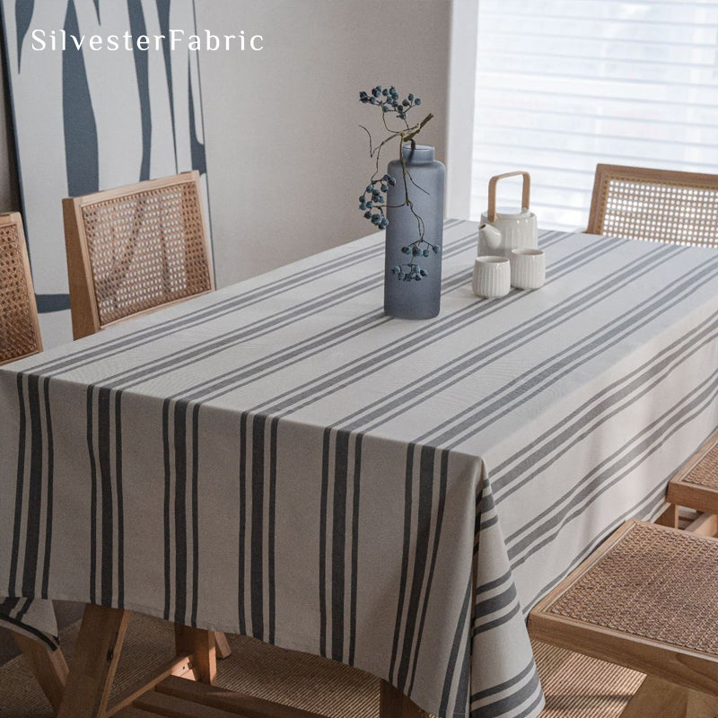 grey farmhouse striped tablecloth texture and weave detail