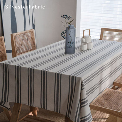 grey farmhouse striped tablecloth texture and weave detail