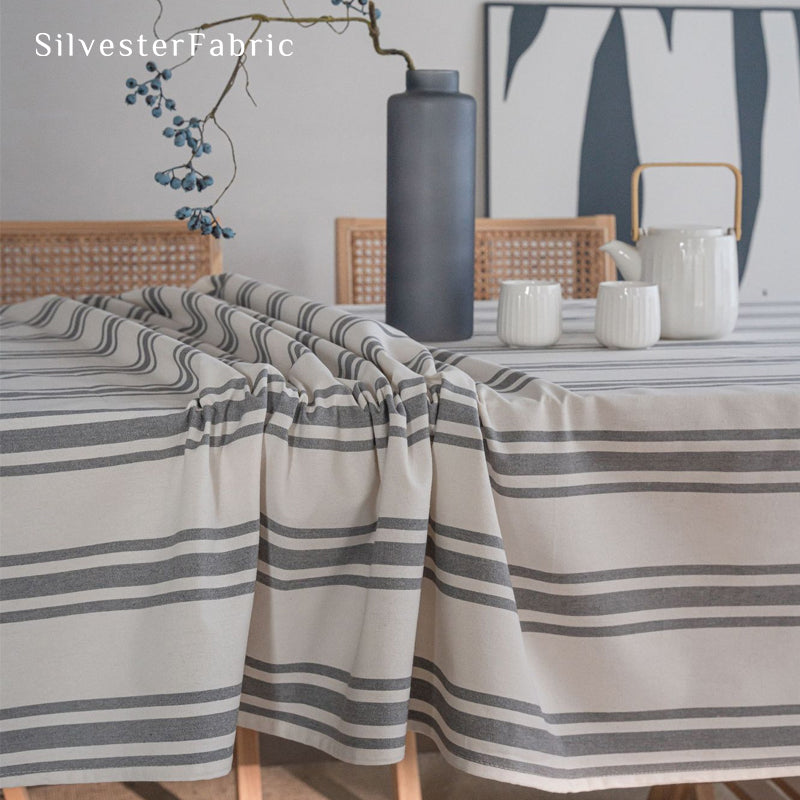 grey farmhouse striped tablecloth fabric close-up