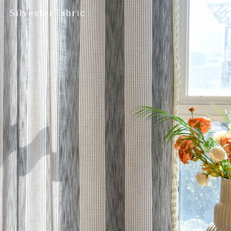 Close‑up of Green striped embroidered curtain