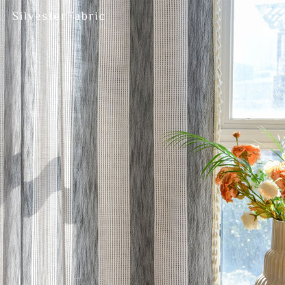 Close‑up of Green striped embroidered curtain