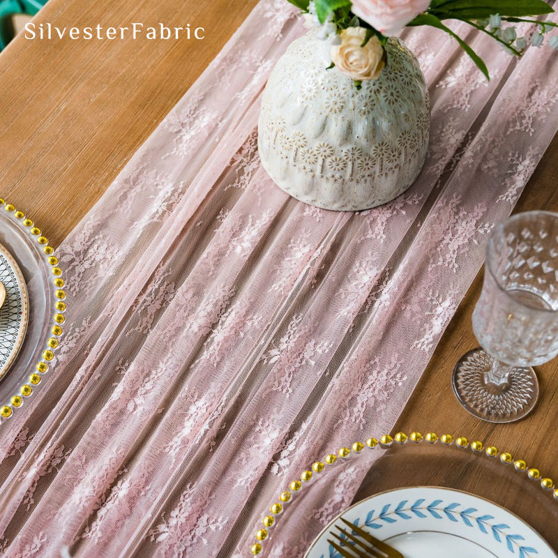 pink lace table runner edge stitching detail