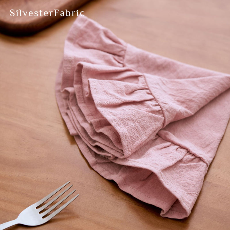 pink farmhouse round placemats fabric close-up