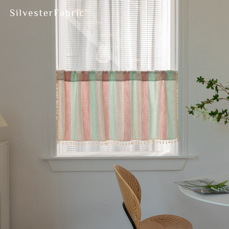Close‑up of Pink Striped Block Cafe Curtain corner