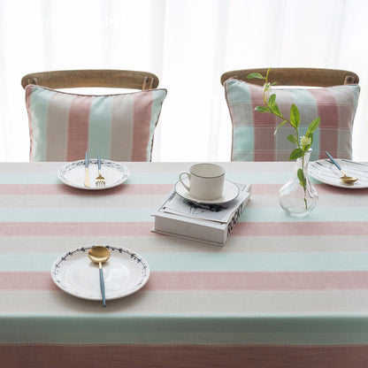 pink striped farmhouse tablecloth edge stitching detail