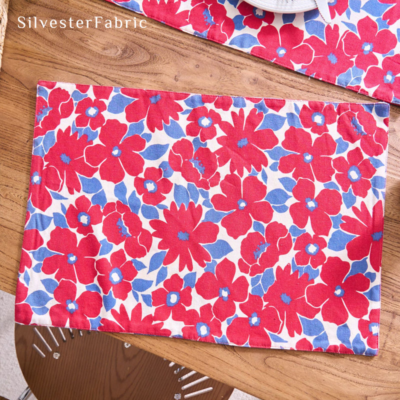 red floral farmhouse placemats edge stitching detail