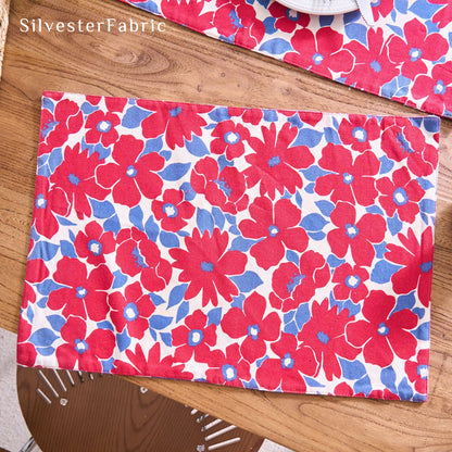 red floral farmhouse placemats edge stitching detail