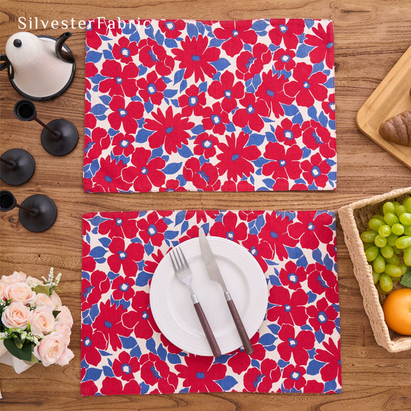 red floral farmhouse placemats texture and weave detail