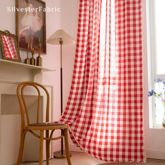 Close‑up of Red Plaid Farmhouse Curtain corner